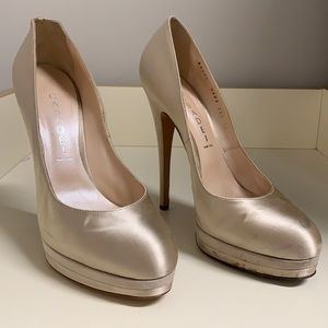 Casadei ivory satin/suede triple platform pump